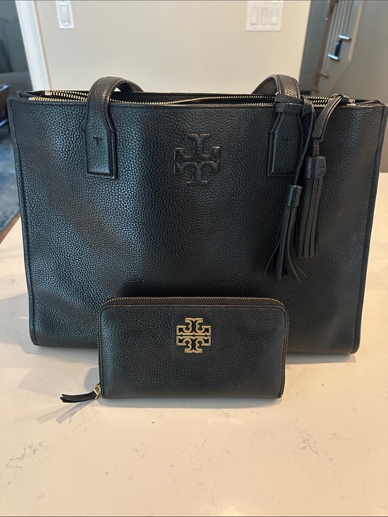 Tory Burch Handbags - Tory Burch Black Pebbled Leather Tote and Zip Wallet Set